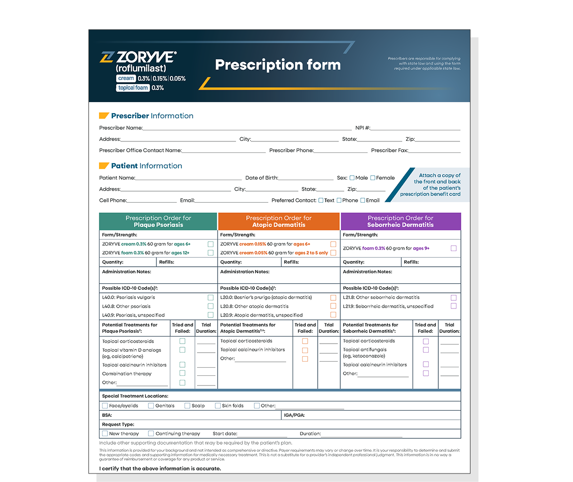 ZORYVE (roflumilast) ZORYVE Prescription Form