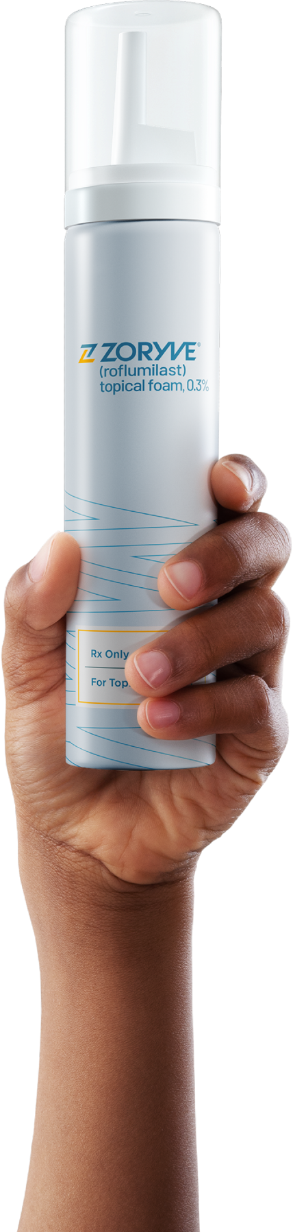 Hand holding up ZORYVE topical foam canister