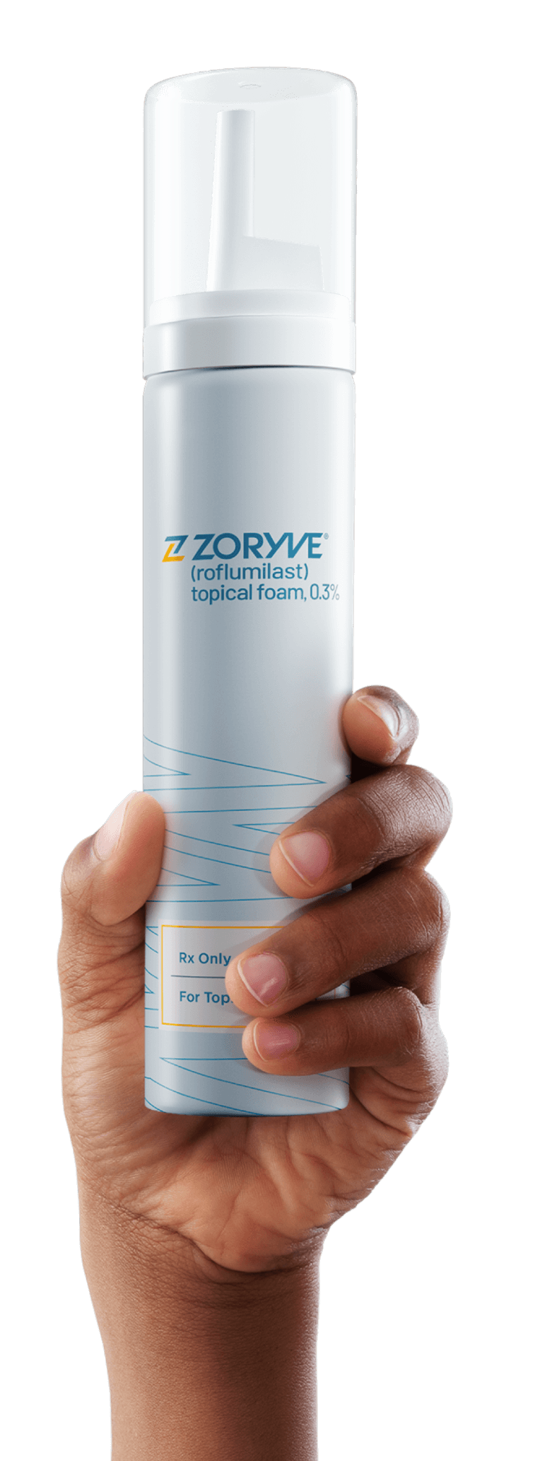 Hand holding ZORYVE topical foam canister